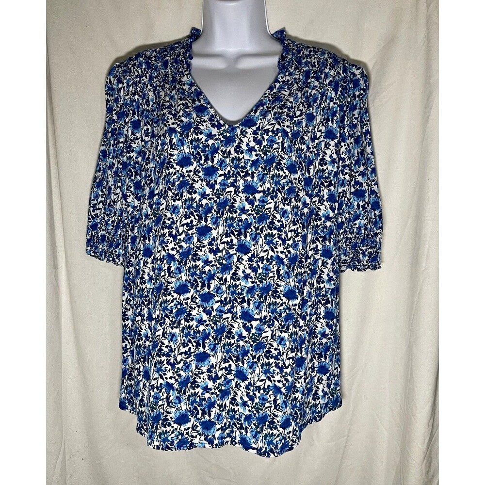 Terra & Sky Woven Rayon Floral Smocked V-Neck Blouse 3/4 Sleeve 0X 14W